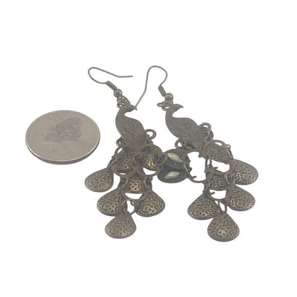 Antique-Style Bronze Peacock Dangle Earrings With Green Gem Accents 2.5" - Picture 5 of 6